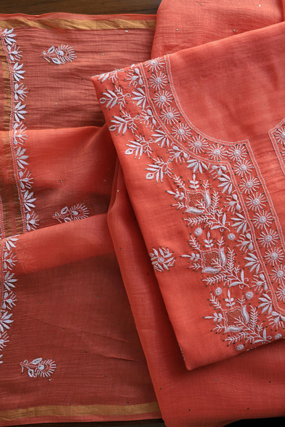 Brick Red Shade Mal Cotton Fine Chikankari Unstitched Fabric