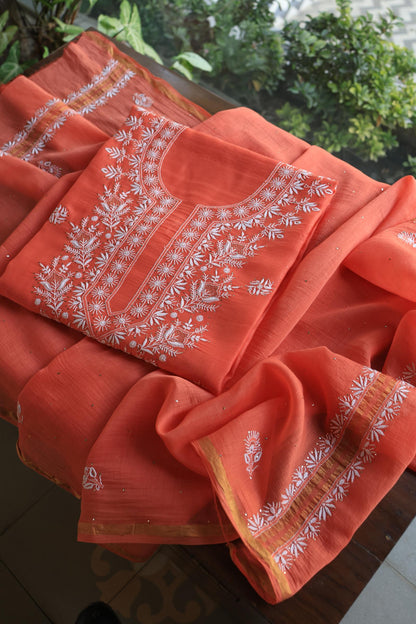 Brick Red Shade Mal Cotton Fine Chikankari Unstitched Fabric