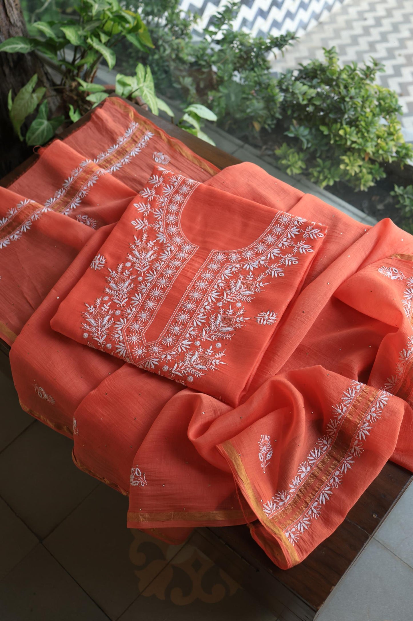 Brick Red Shade Mal Cotton Fine Chikankari Unstitched Fabric