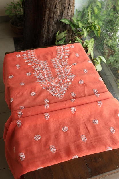 Brick Red Shade Mal Cotton Fine Chikankari Unstitched Fabric