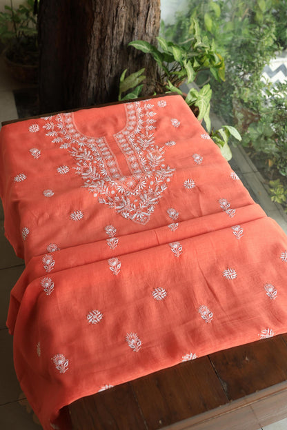 Brick Red Shade Mal Cotton Fine Chikankari Unstitched Fabric