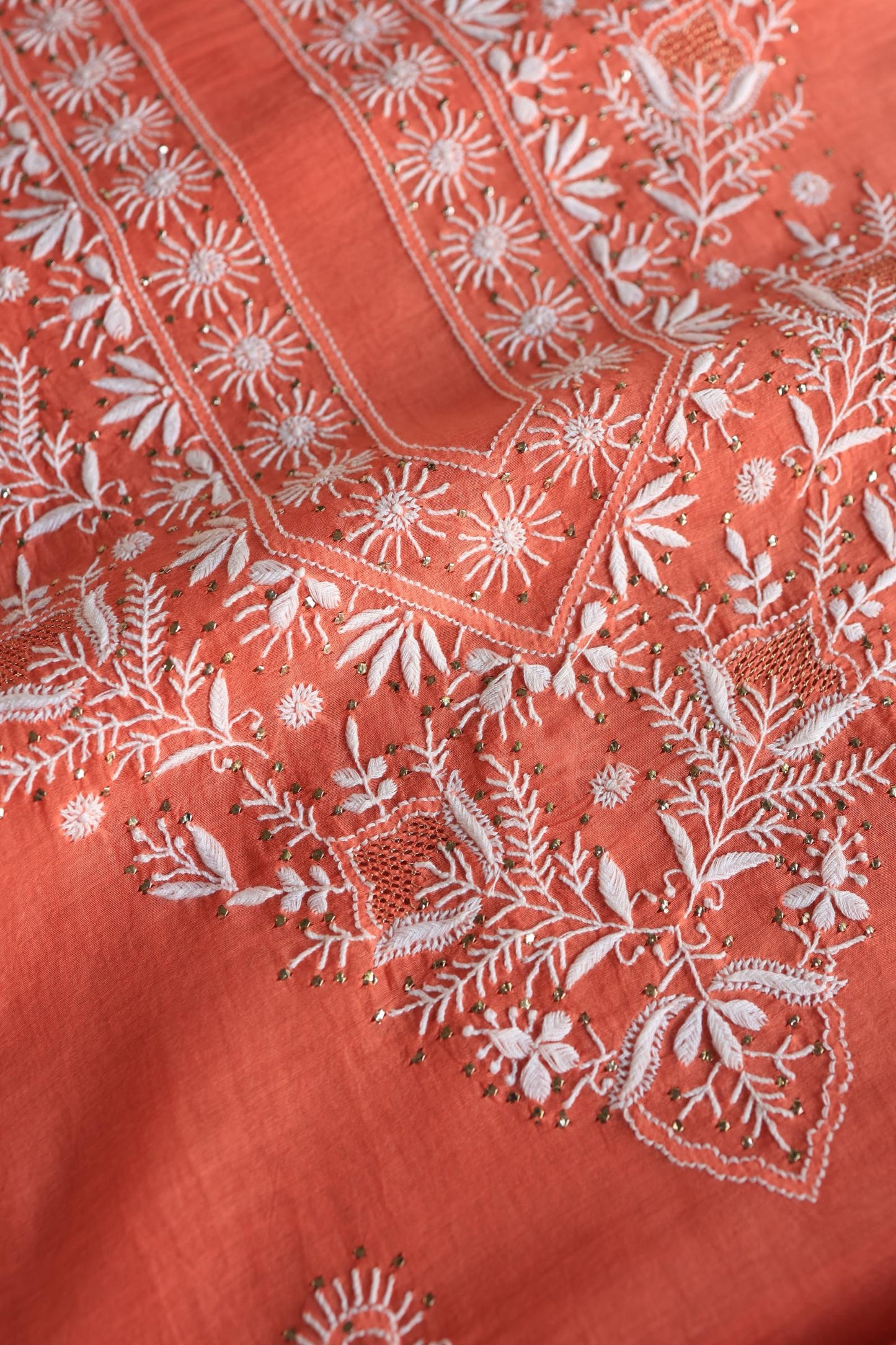 Brick Red Shade Mal Cotton Fine Chikankari Unstitched Fabric