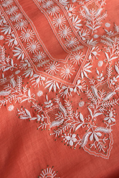 Brick Red Shade Mal Cotton Fine Chikankari Unstitched Fabric