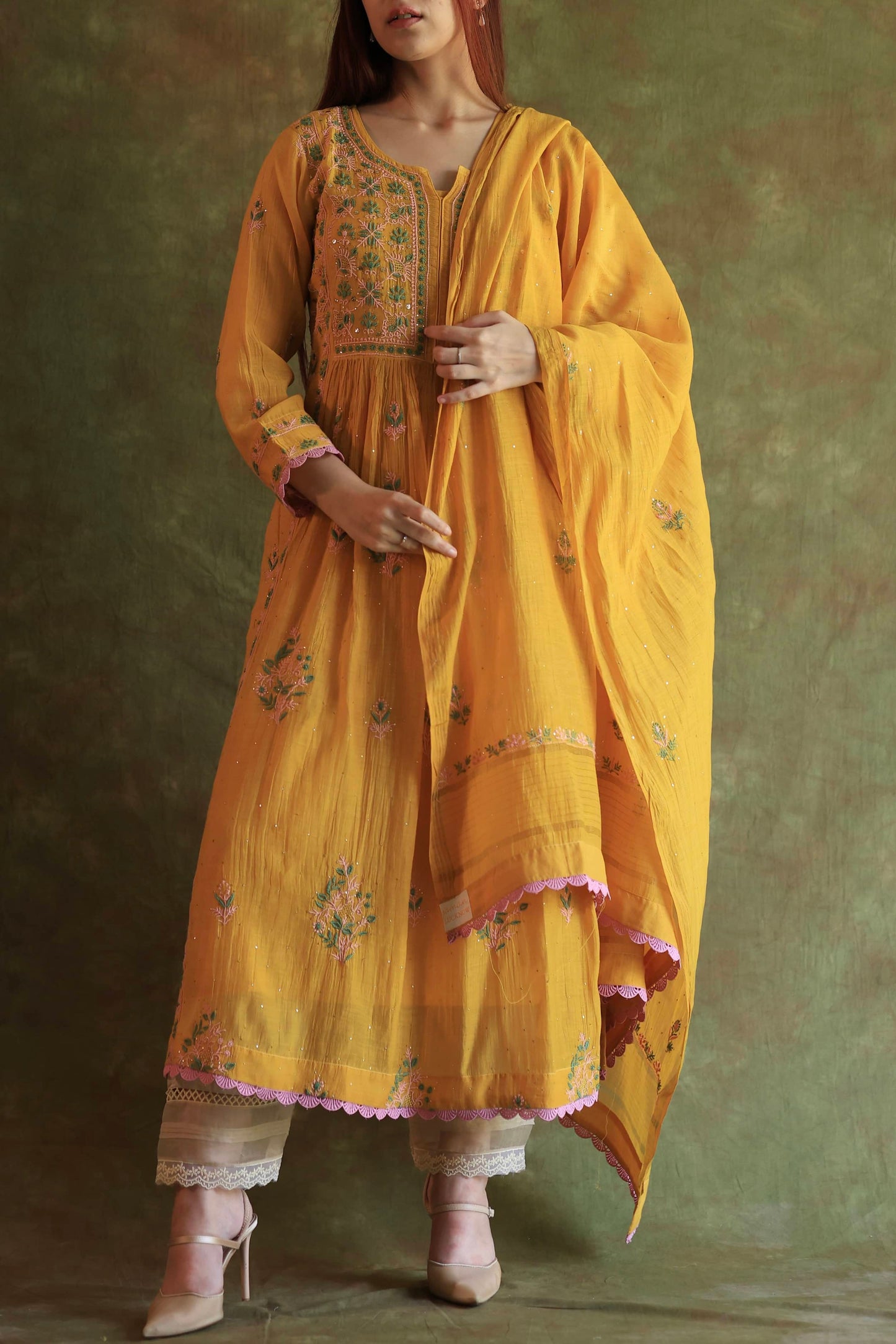 Saffron Yellow Shade | Malmal Mukaish Kamdani Chikankari Stitched Kurta Dupatta Set