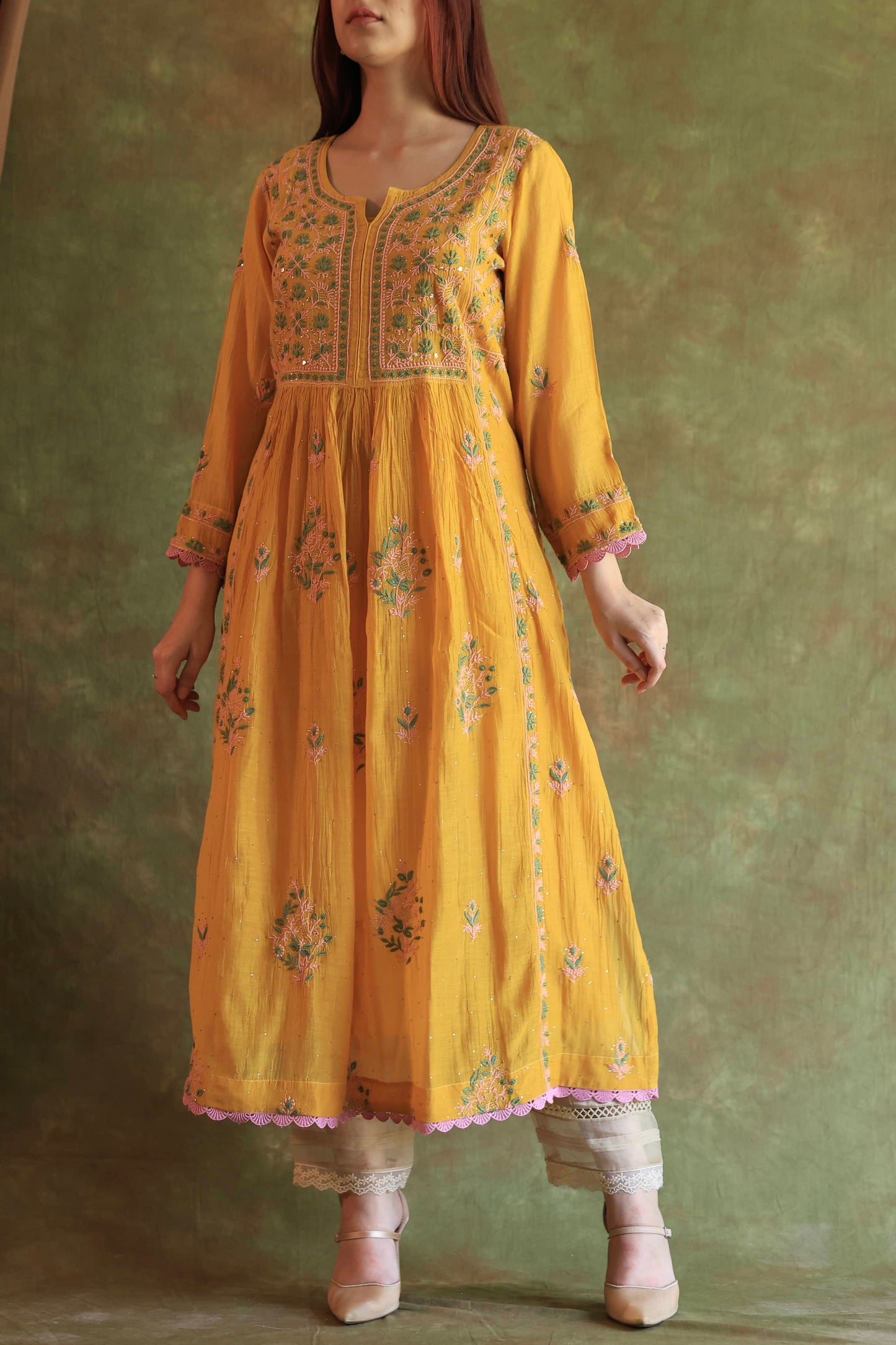 Saffron Yellow Shade | Malmal Mukaish Kamdani Chikankari Stitched Kurta Dupatta Set