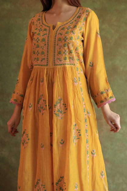 Saffron Yellow Shade | Malmal Mukaish Kamdani Chikankari Stitched Kurta Dupatta Set
