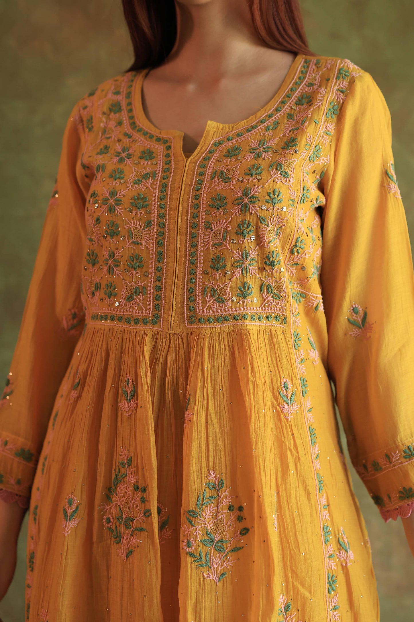 Saffron Yellow Shade | Malmal Mukaish Kamdani Chikankari Stitched Kurta Dupatta Set
