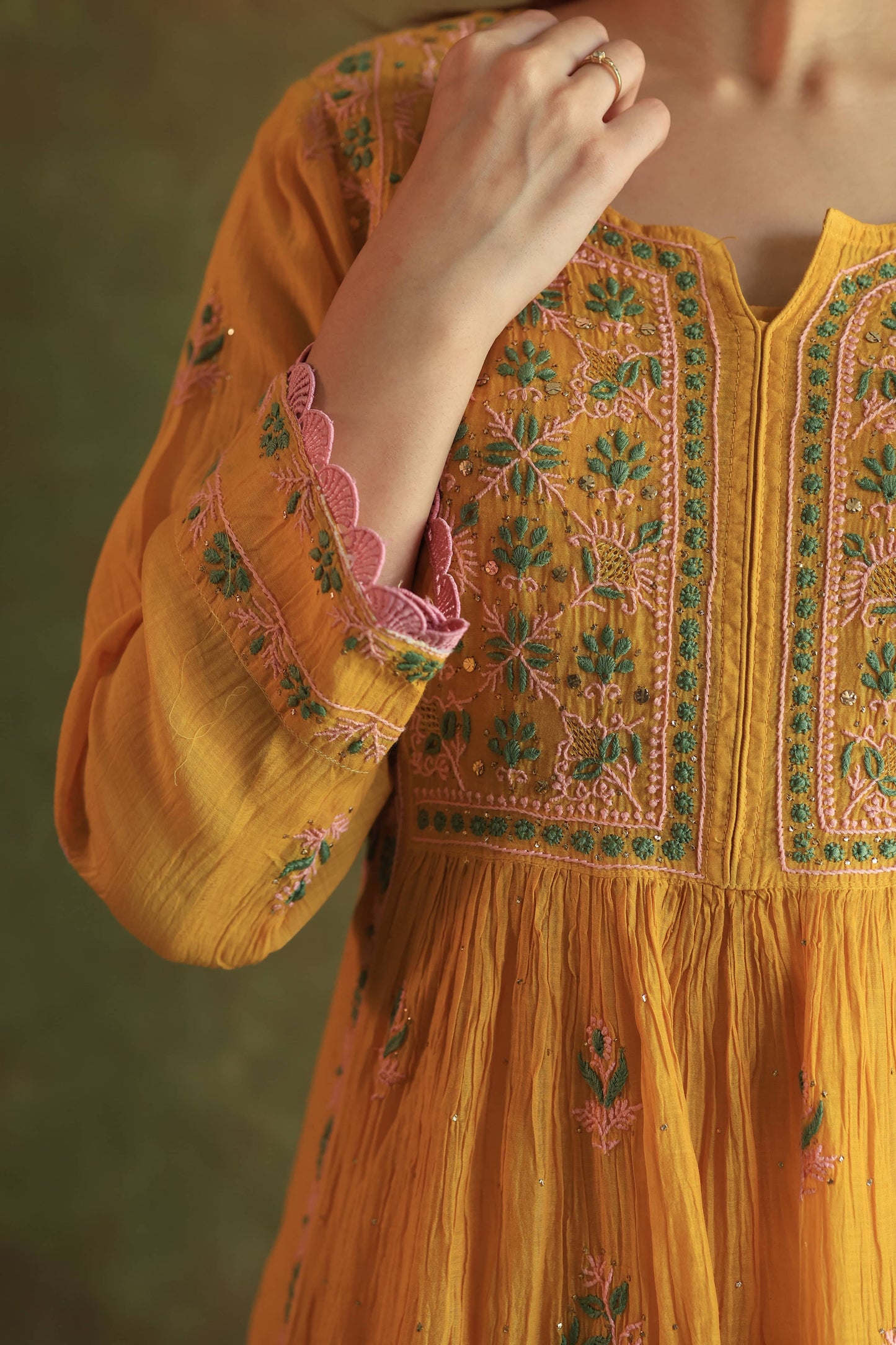 Saffron Yellow Shade | Malmal Mukaish Kamdani Chikankari Stitched Kurta Dupatta Set