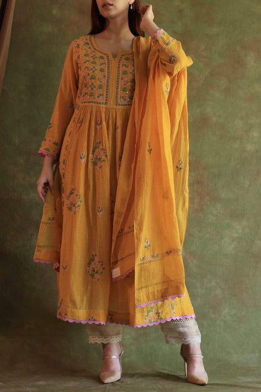 Saffron Yellow Shade | Malmal Mukaish Kamdani Chikankari Stitched Kurta Dupatta Set