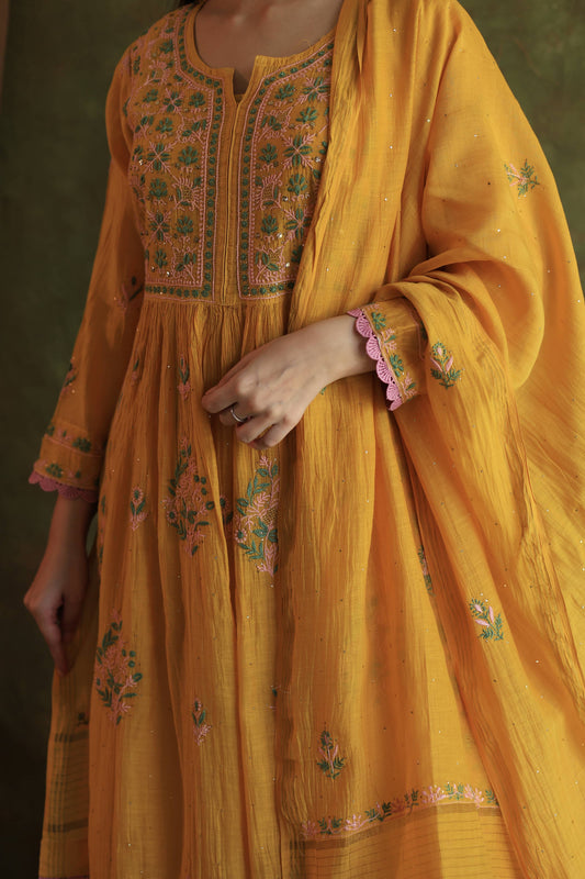 Saffron Yellow | Malmal Mukaish Kamdani Chikankari Stitched Kurta Dupatta Set