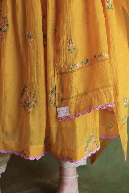 Saffron Yellow Shade | Malmal Mukaish Kamdani Chikankari Stitched Kurta Dupatta Set