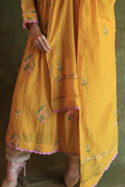 Saffron Yellow Shade | Malmal Mukaish Kamdani Chikankari Stitched Kurta Dupatta Set
