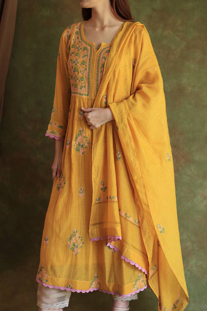 Saffron Yellow Shade | Malmal Mukaish Kamdani Chikankari Stitched Kurta Dupatta Set