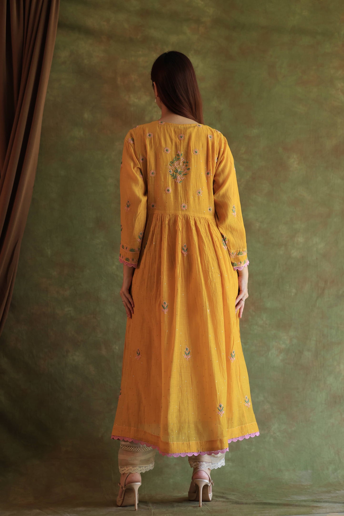 Saffron Yellow Shade | Malmal Mukaish Kamdani Chikankari Stitched Kurta Dupatta Set