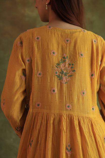 Saffron Yellow Shade | Malmal Mukaish Kamdani Chikankari Stitched Kurta Dupatta Set