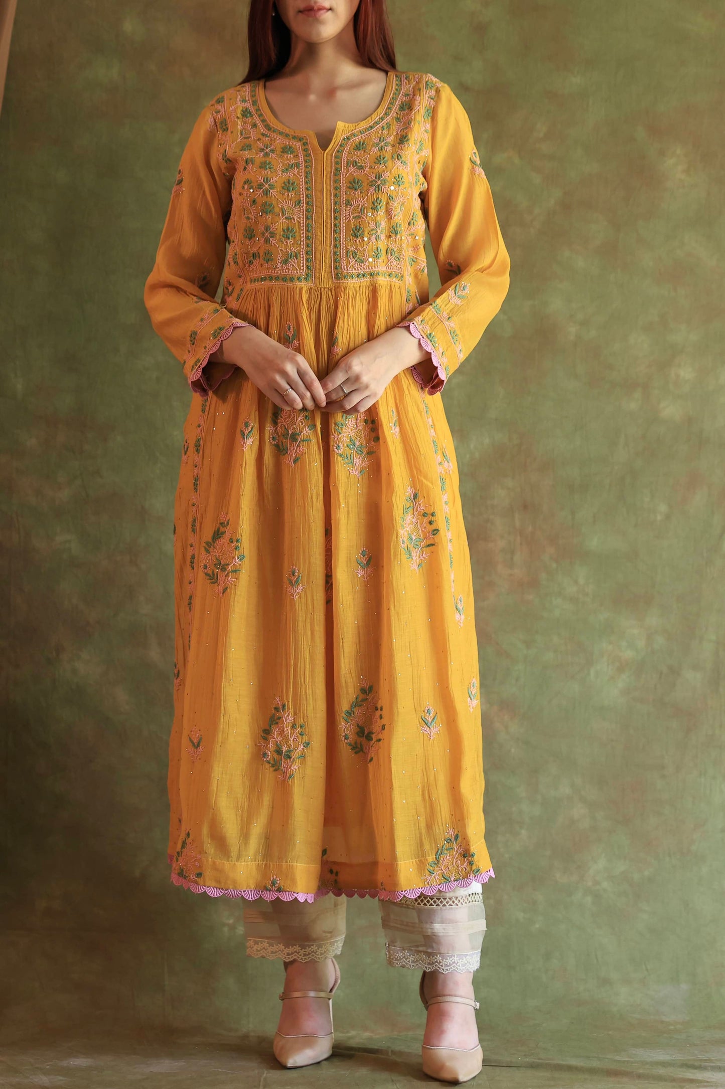 Saffron Yellow Shade | Malmal Mukaish Kamdani Chikankari Stitched Kurta Dupatta Set