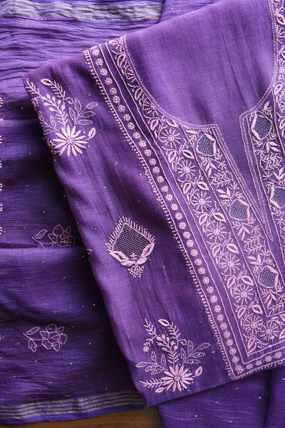 Bright Violet Mal Cotton Fine Chikankari With Kamdani Work Unstitched Fabric