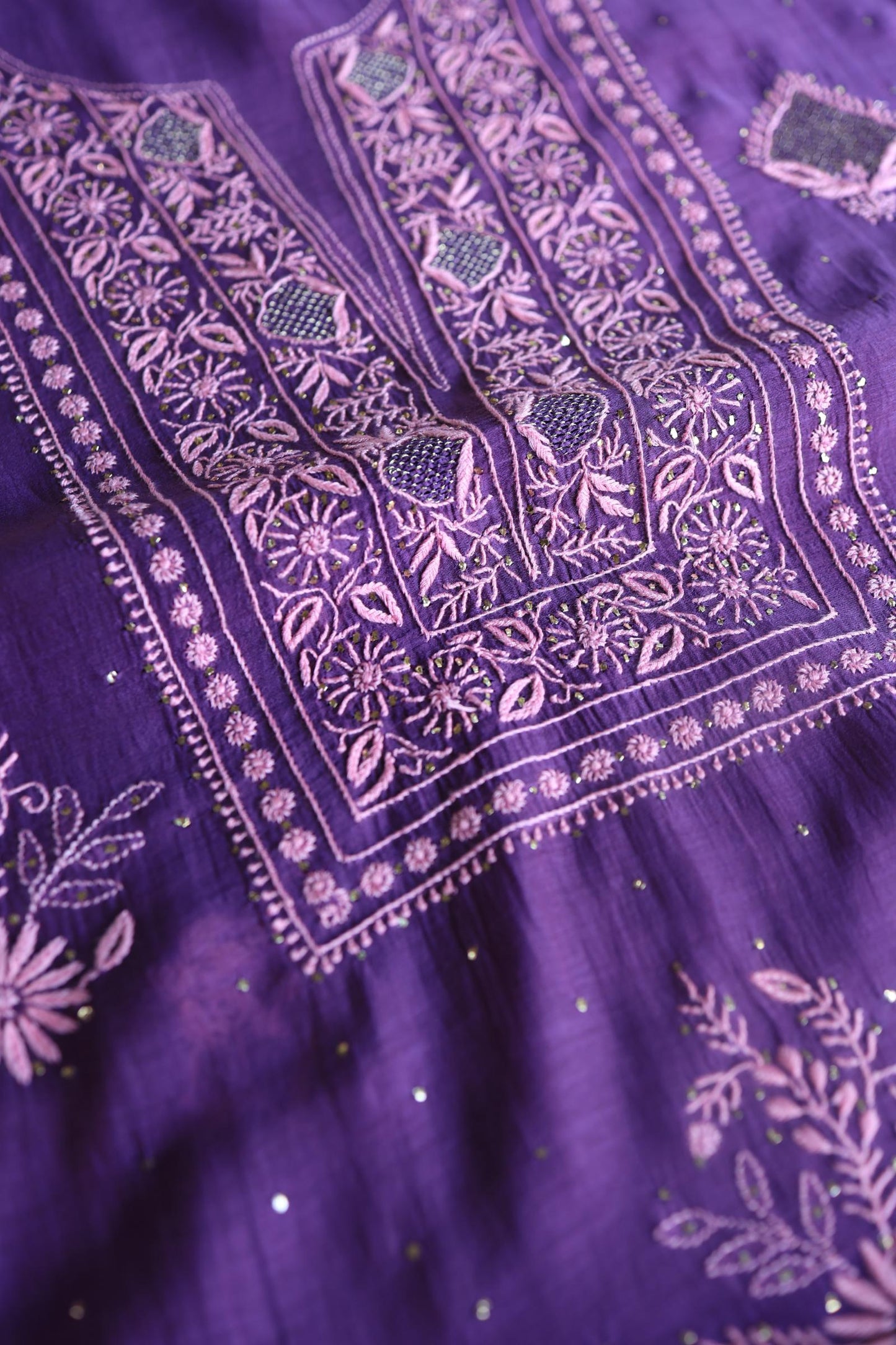 Bright Violet Mal Cotton Fine Chikankari With Kamdani Work Unstitched Fabric
