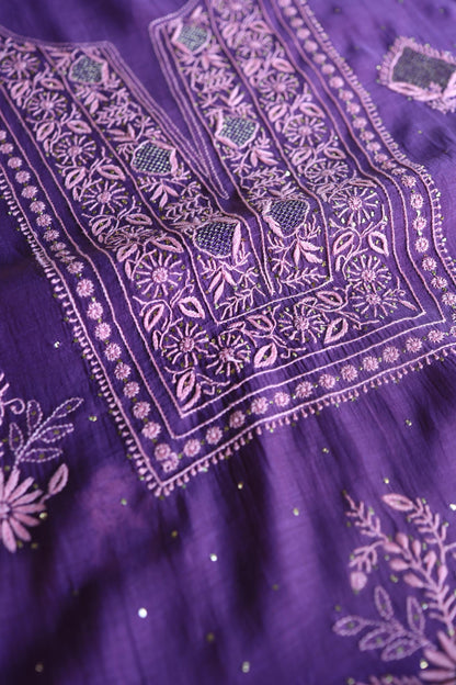 Bright Violet Mal Cotton Fine Chikankari With Kamdani Work Unstitched Fabric