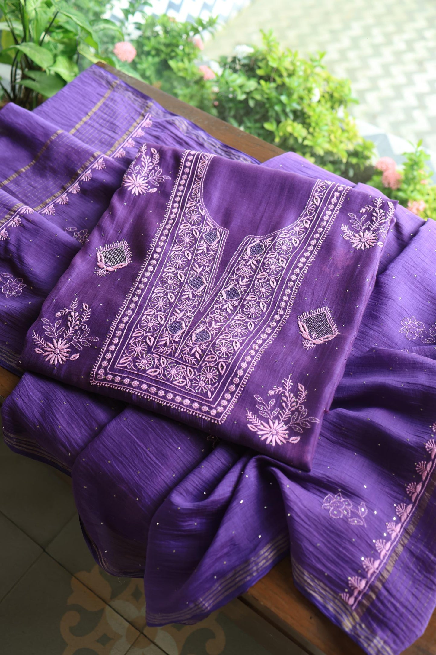 Bright Violet Mal Cotton Fine Chikankari With Kamdani Work Unstitched Fabric