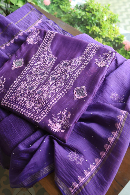 Bright Violet Mal Cotton Fine Chikankari With Kamdani Work Unstitched Fabric