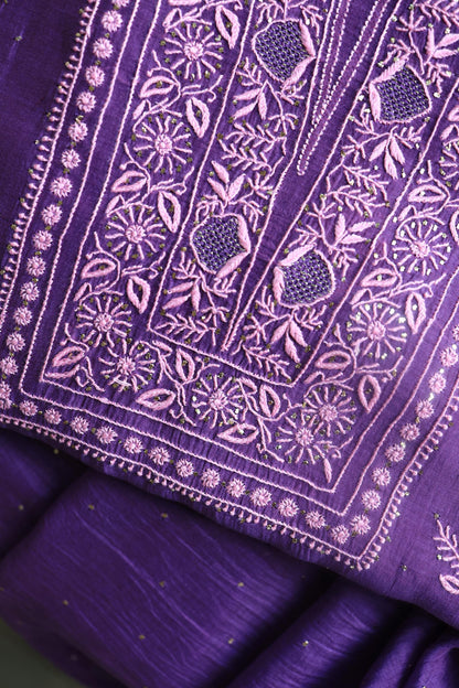 Bright Violet Mal Cotton Fine Chikankari With Kamdani Work Unstitched Fabric