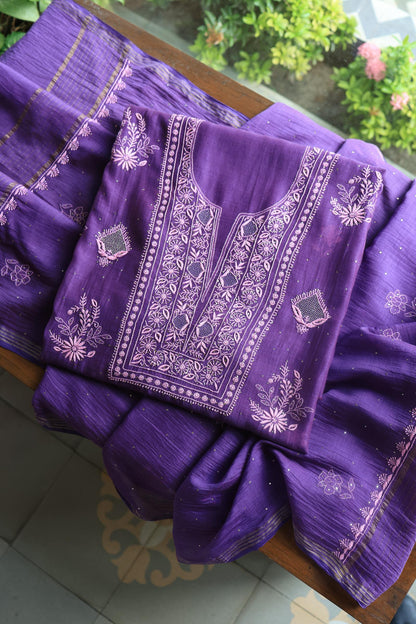 Bright Violet Mal Cotton Fine Chikankari With Kamdani Work Unstitched Fabric