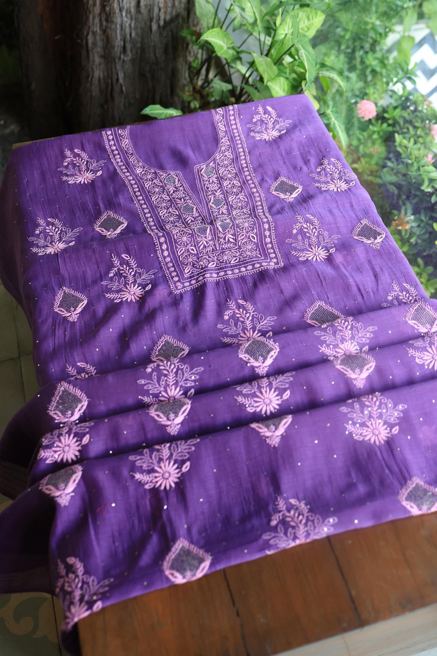 Bright Violet Mal Cotton Fine Chikankari With Kamdani Work Unstitched Fabric