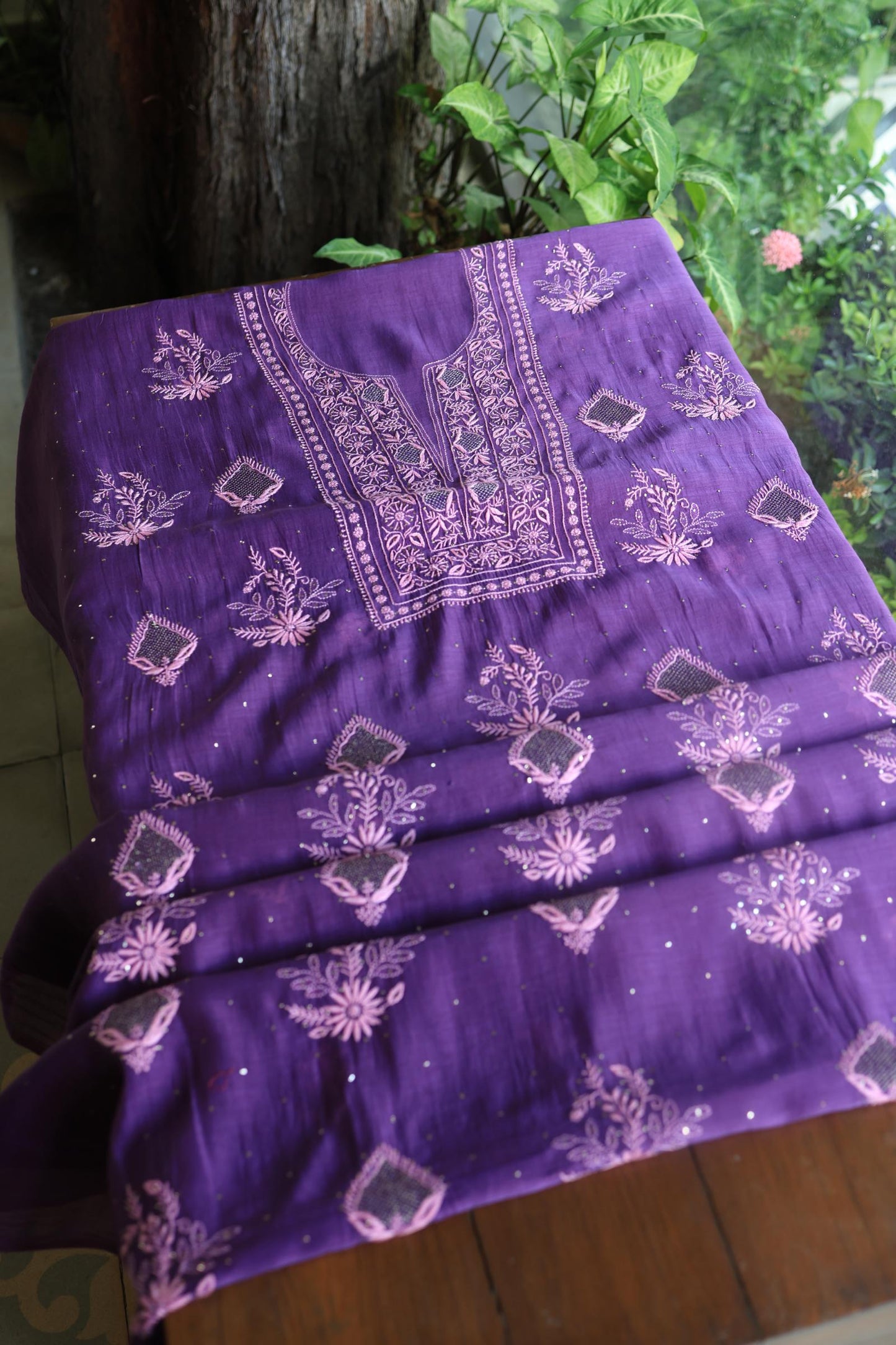 Bright Violet Mal Cotton Fine Chikankari With Kamdani Work Unstitched Fabric