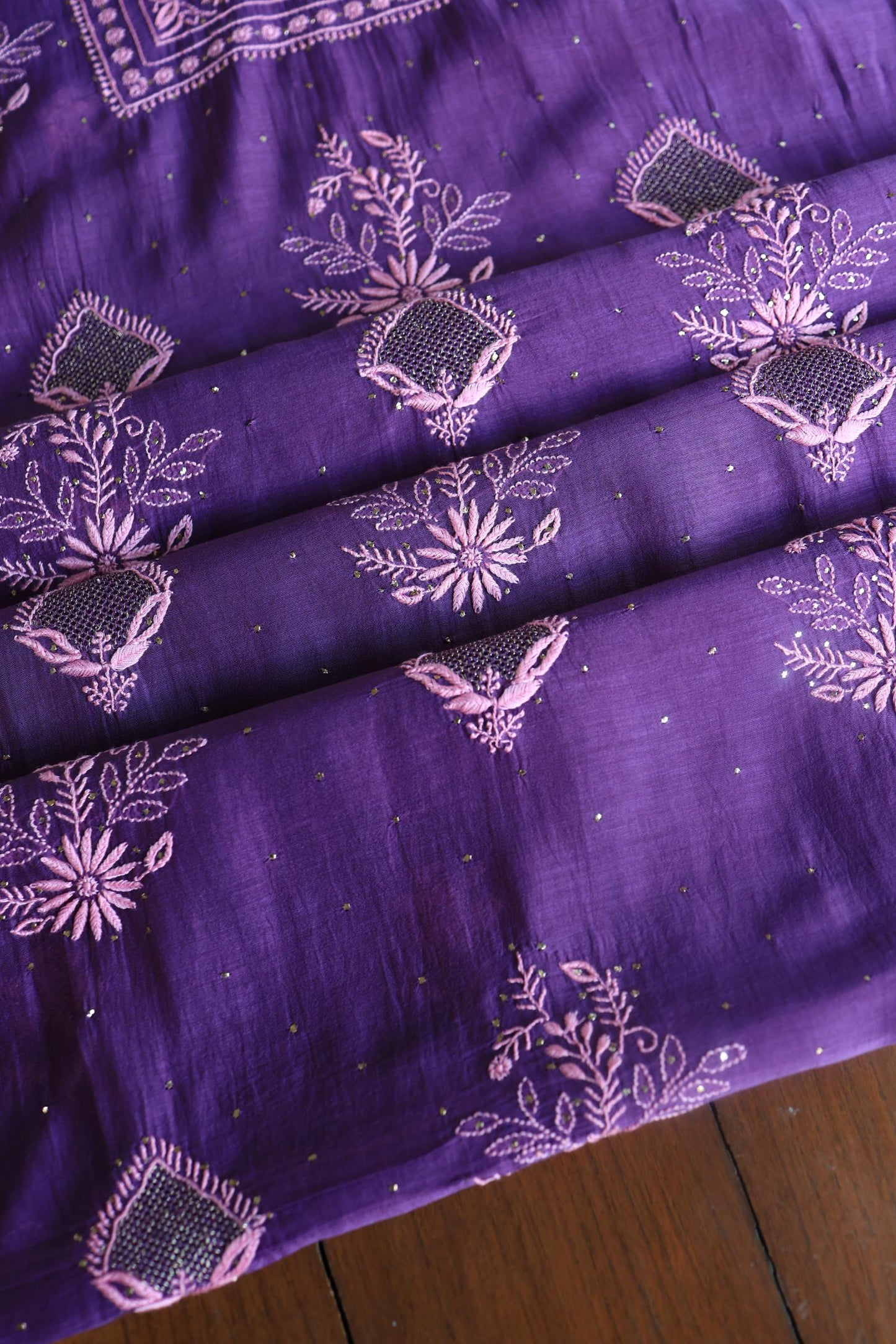Bright Violet Mal Cotton Fine Chikankari With Kamdani Work Unstitched Fabric
