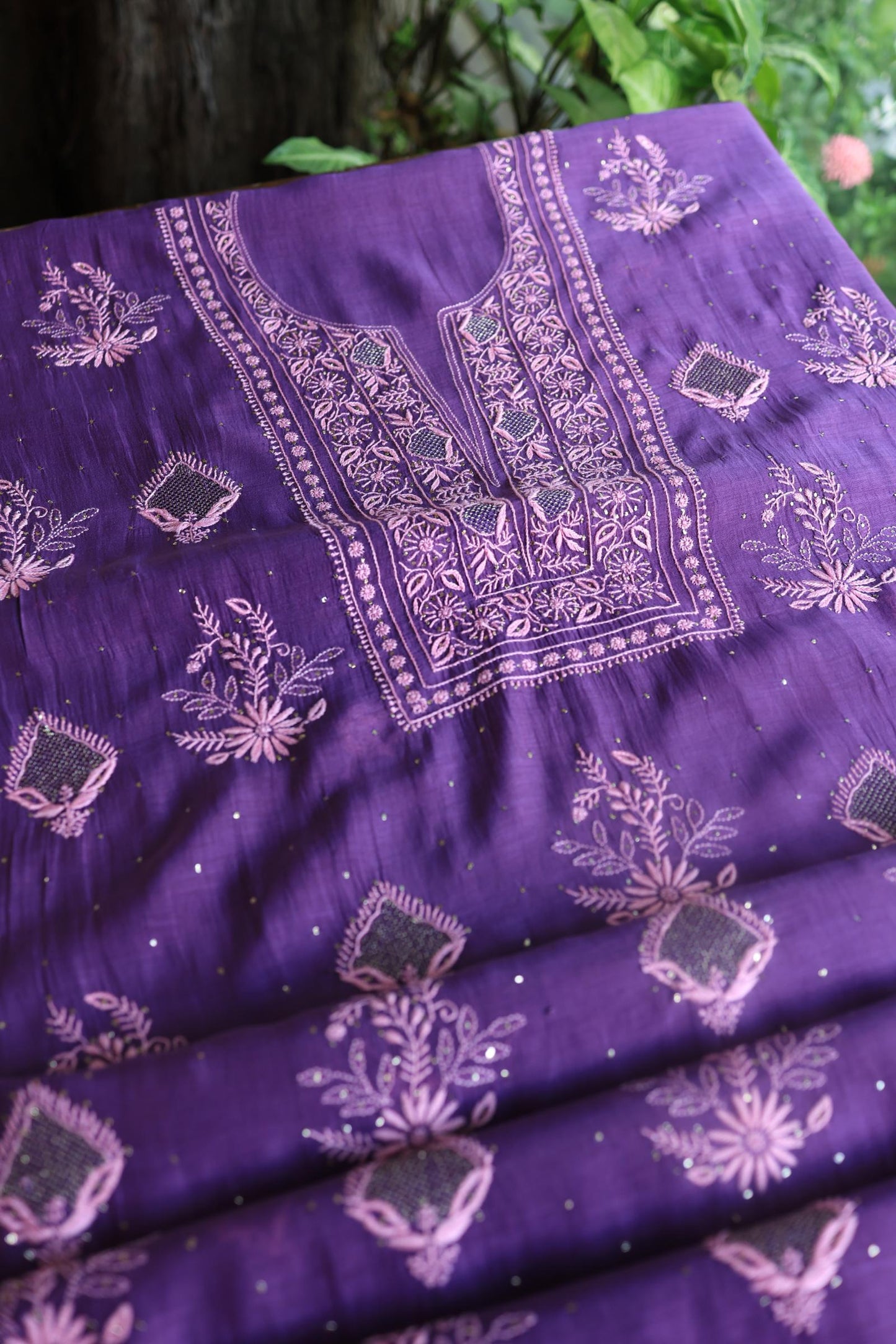 Bright Violet Mal Cotton Fine Chikankari With Kamdani Work Unstitched Fabric