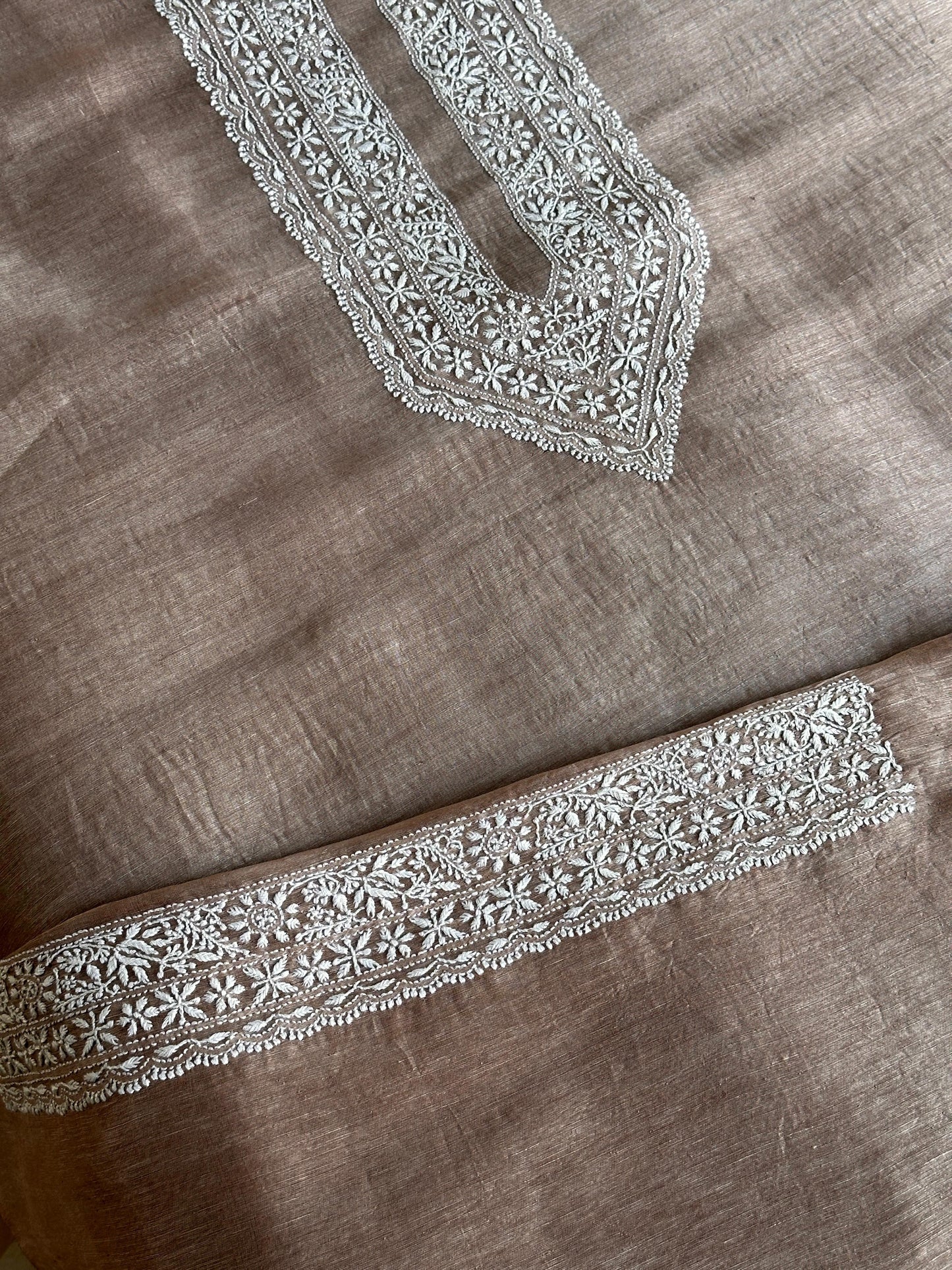Brown Linen Chikankari Unstitched Men's Kurtas Fabric