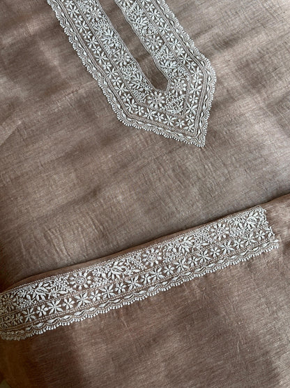 Brown Linen Chikankari Unstitched Men's Kurtas Fabric