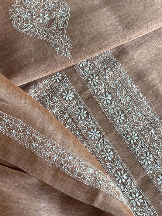 Brown Linen Chikankari Unstitched Men's Kurtas Fabric