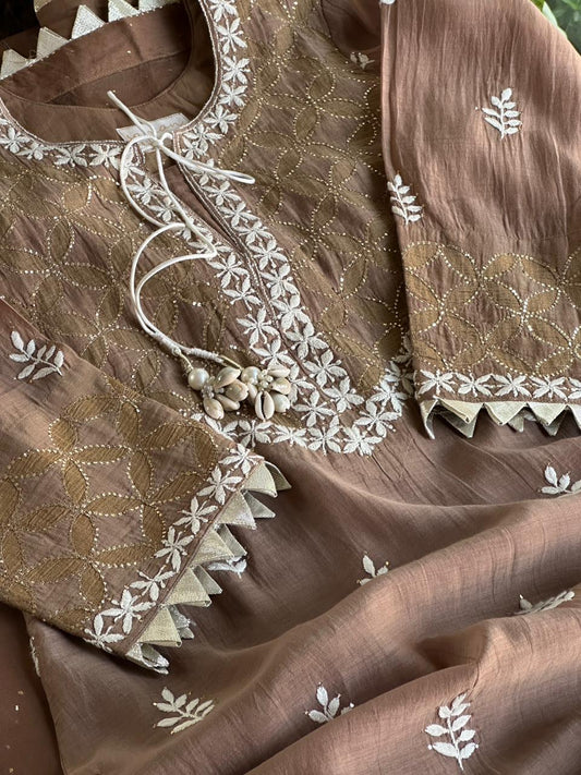 Brown Shade Daraz Applique Chikankari Mukaish Kurta Dupatta Set