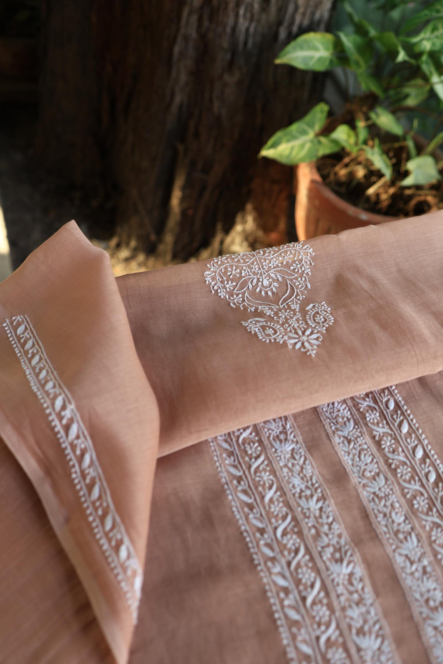 Brown Shade Mulmul Chikankari Unstitched Men's Kurtas Fabric