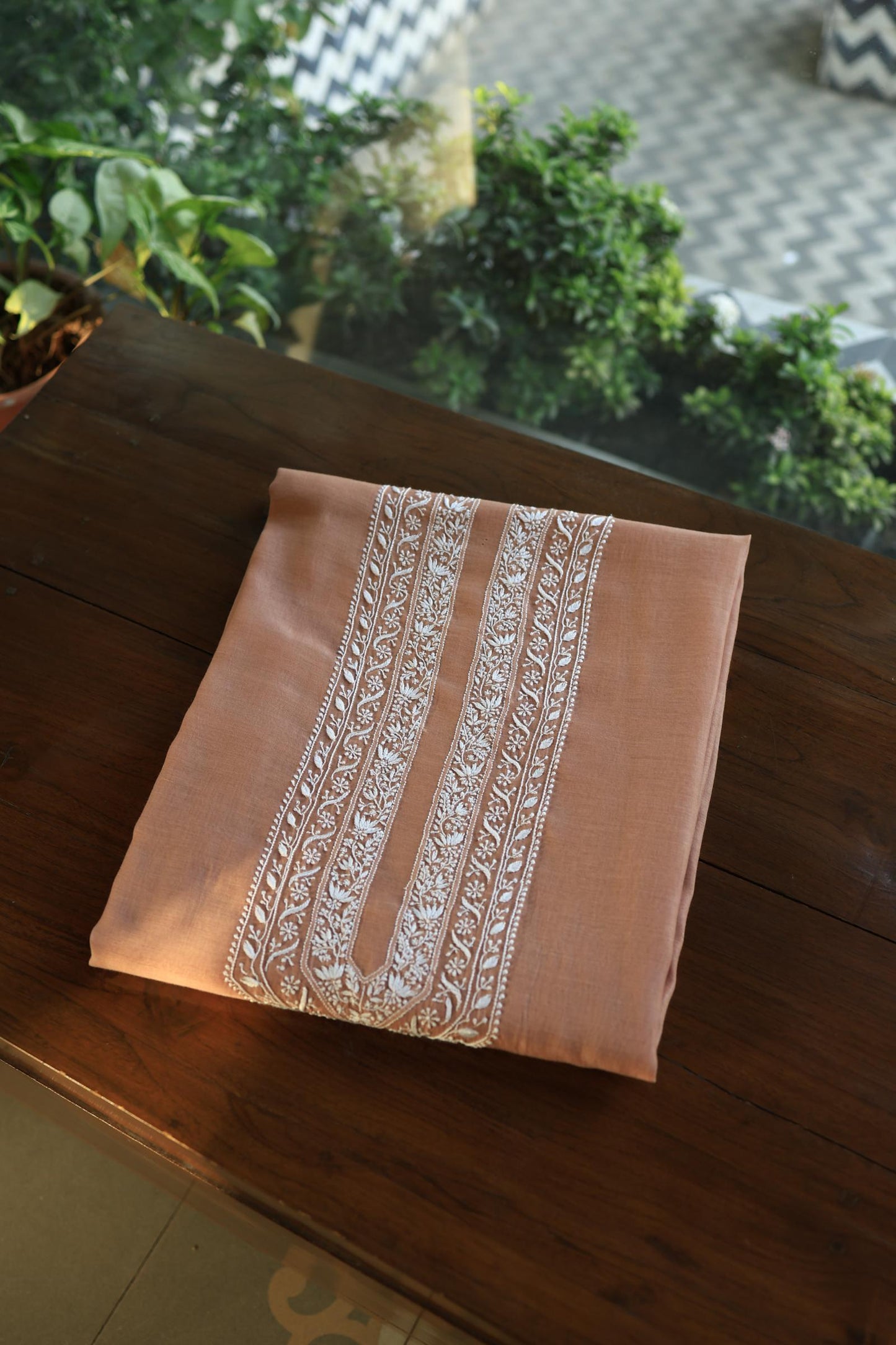 Brown Shade Mulmul Chikankari Unstitched Men's Kurtas Fabric