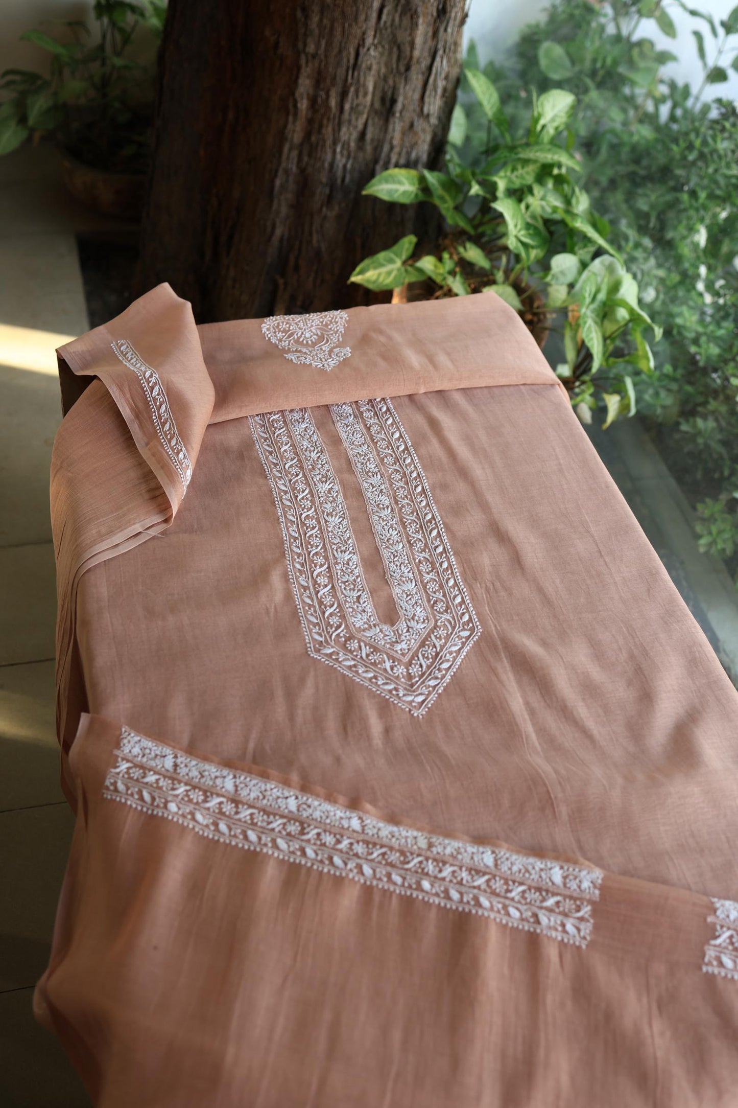 Brown Shade Mulmul Chikankari Unstitched Men's Kurtas Fabric