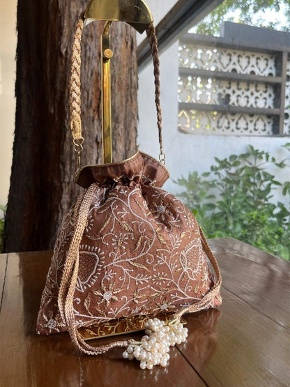 Brown Shade Raw Silk Chikankari Polti Bag