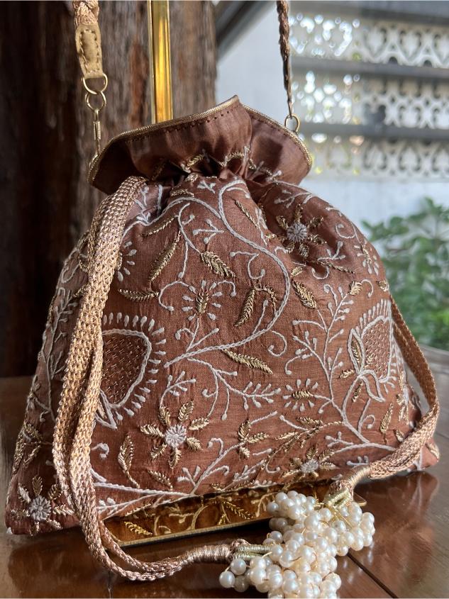 Brown Shade Raw Silk Chikankari Polti Bag