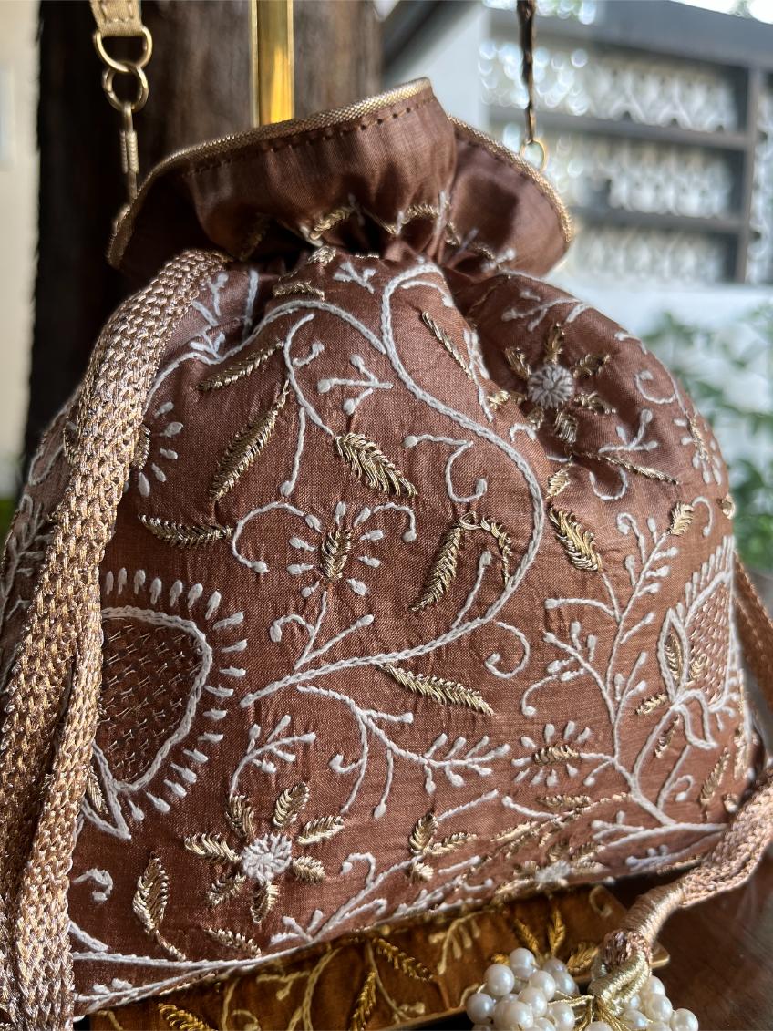 Brown Shade Raw Silk Chikankari Polti Bag