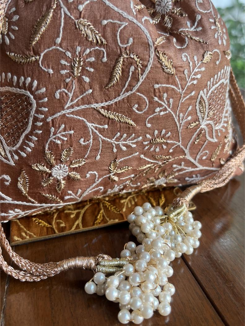 Brown Shade Raw Silk Chikankari Polti Bag