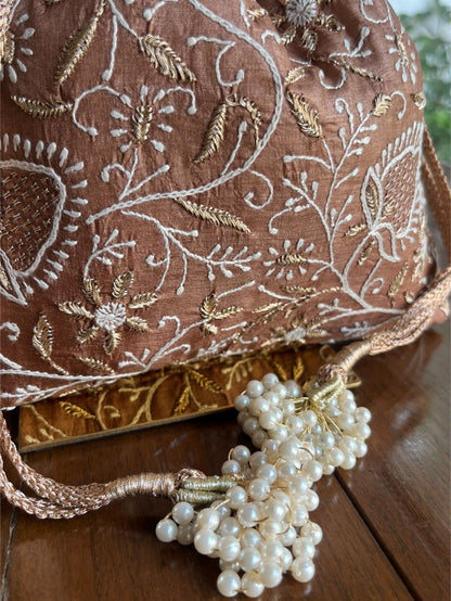 Brown Shade Raw Silk Chikankari Polti Bag