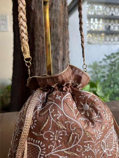 Brown Shade Raw Silk Chikankari Polti Bag