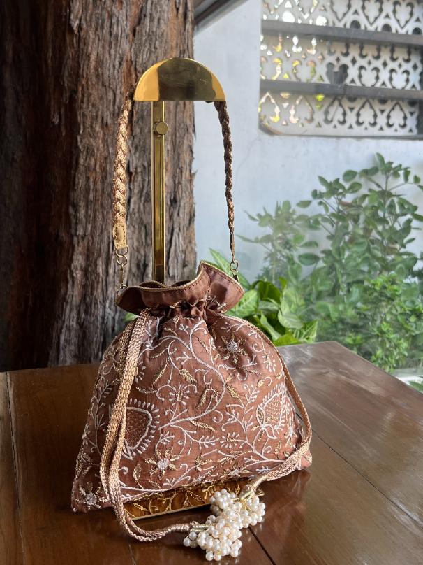 Brown Shade Raw Silk Chikankari Polti Bag