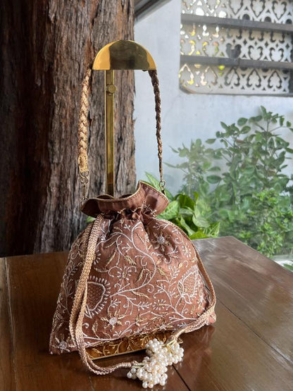 Brown Shade Raw Silk Chikankari Polti Bag