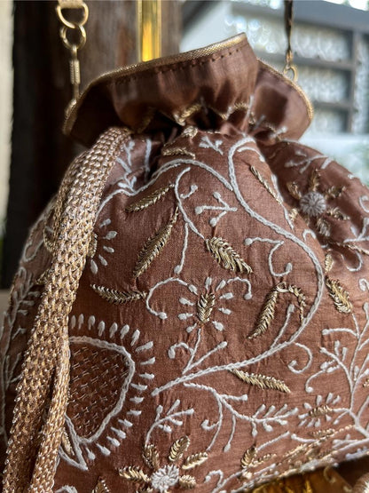 Brown Shade Raw Silk Chikankari Polti Bag
