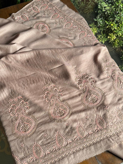 Brown Shade Saman Pashmina Resham Thread Fine Chikankari Shawl