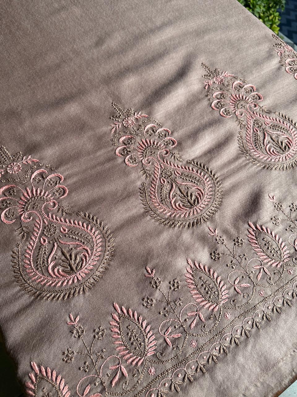 Brown Shade Saman Pashmina Resham Thread Fine Chikankari Shawl