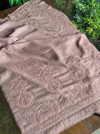 Brown Shade Saman Pashmina Resham Thread Fine Chikankari Shawl